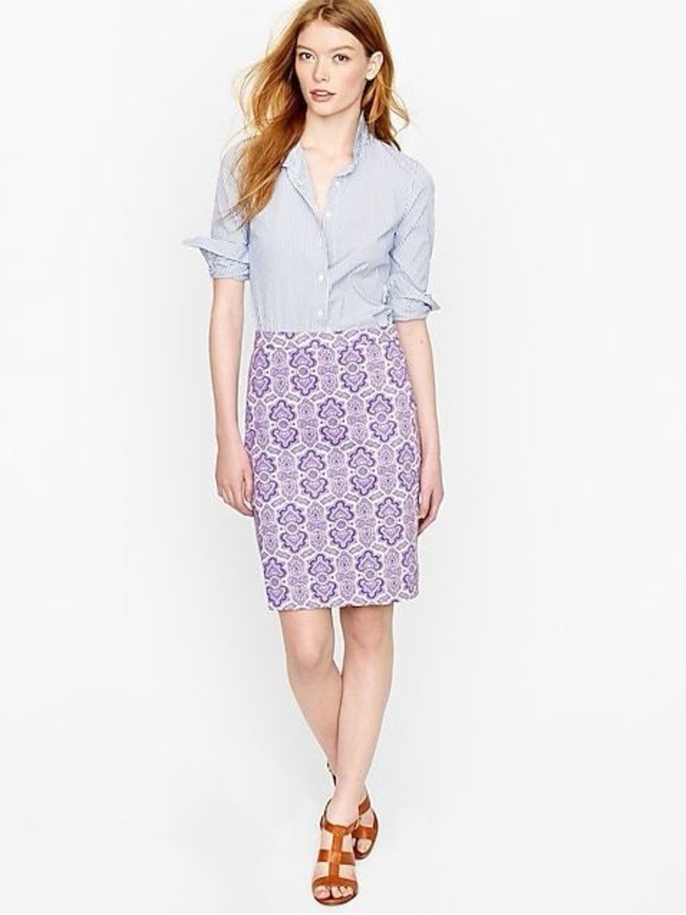 J.Crew Number 2 Pencil Skirt in Purple and White Cotton Paisley sz P0
